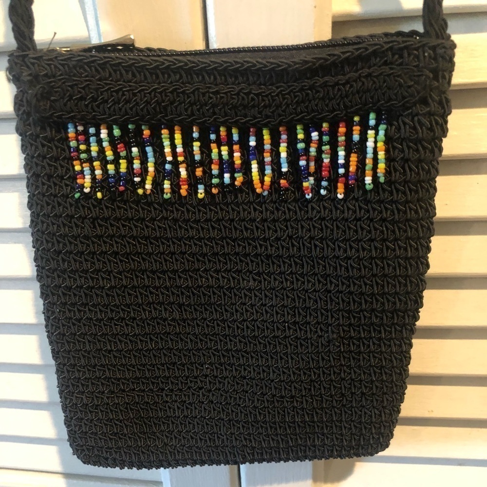 Crochet Black crossbody purse with colorful beaded fringe